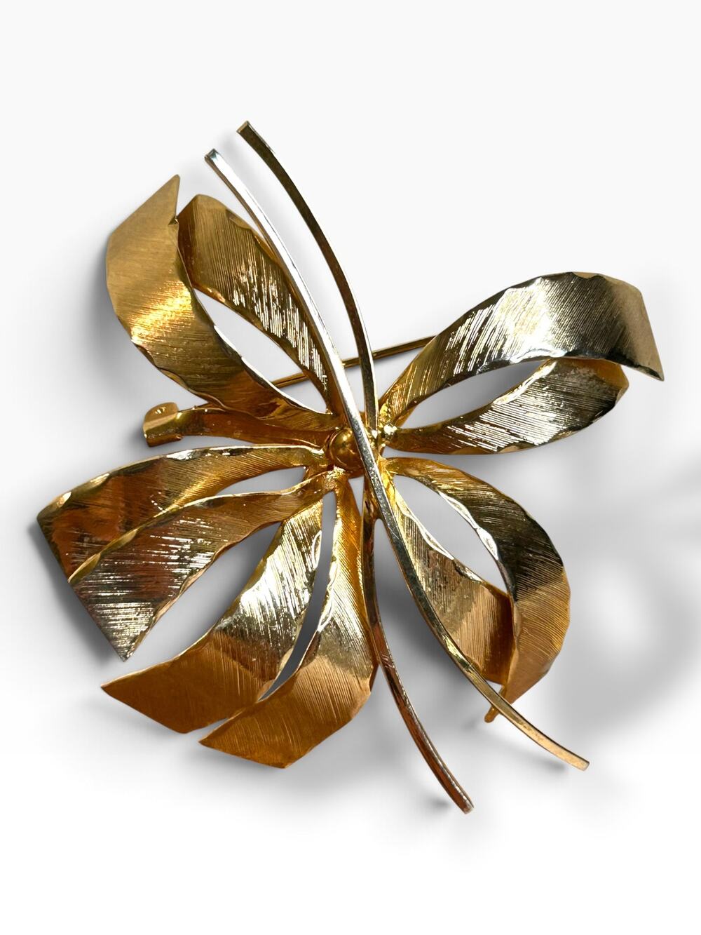 Vintage Mid Century Gold Tone Ribbon Bow Brooch Pin Textured Sculptural 1960s